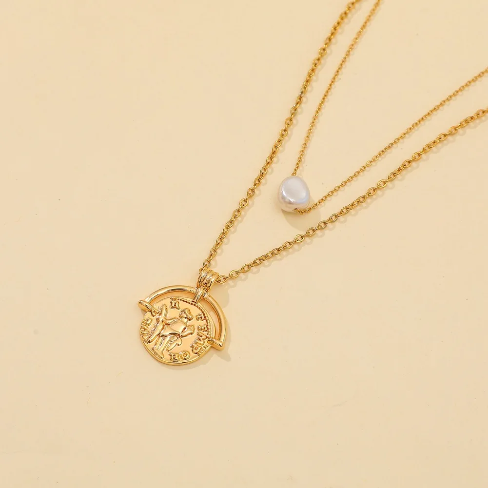 
Dvacaman 2021 Fashion Designer Dainty Multi Layer Portrait Coin Pearl Pendant Necklace Stainless Steel Necklace for Women 