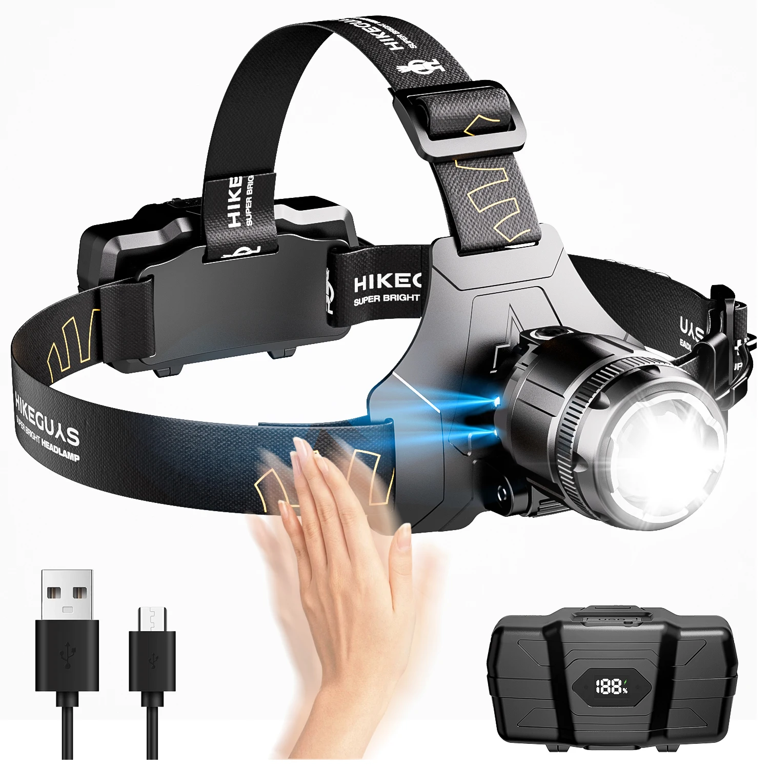 Rechargeable Headlamp, 3 Modes High Lumens Zoom Headlight with Sensor Digital Battery Display Adjustable for Emergency Fishing