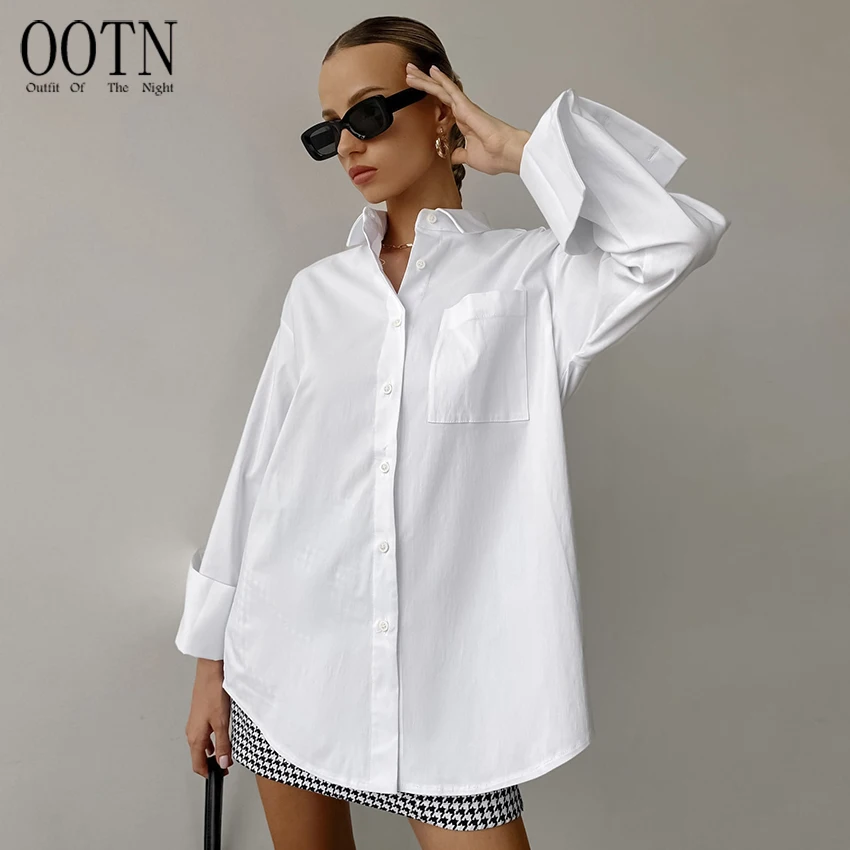 OOTN Female 2024 Loose Long Sleeve Woman Blouses Cotton Office White Button Up Tops Women Casual Turn Down Collar Long Shirt