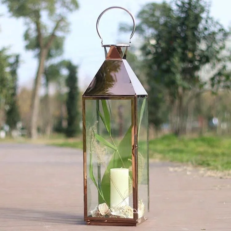 Candle Holder Copper Lamps Lantern Set Events Home Decoration for Wedding Rose Gold Pink Metal Stainless Steel Rectangle 1 Color