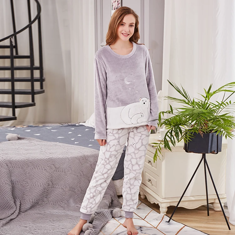 Hot Sale Warm Flannel Velvet Sleepwear Winter Women Thick Pajamas Set