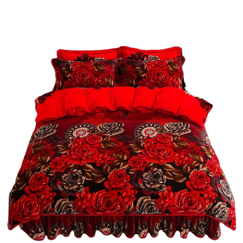 New Arrival Super Soft Fluffy Plush Big Rose Red Wedding Duvet Cover Set