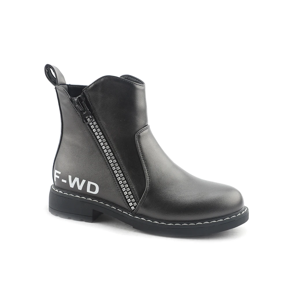 
Custom logo winter girls high quality black leather ankle shoes boots 