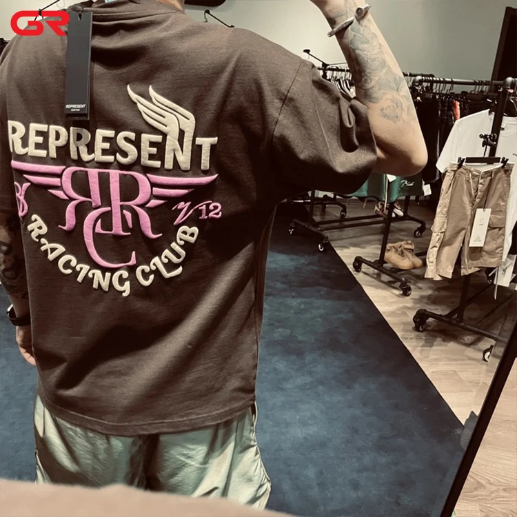 OEM High Quality Casual Loose Polyester Cotton Plain Round Neck Drop Shoulder T Shirts Custom Letter 3D Puff Print T Shirt