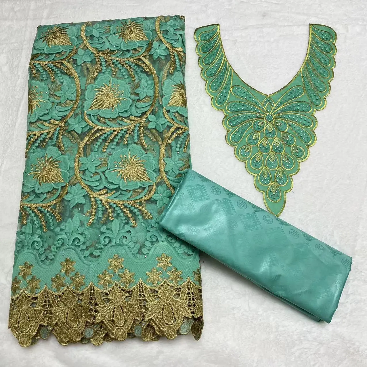 Wholesale net lace bazin african lace fabric set 2.5yards mix 2.5 yards cotton bazin