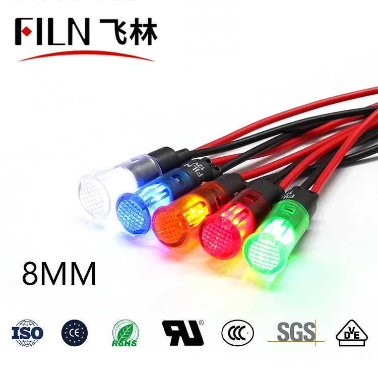 8mm FILN snap indicator light cable 20cm led 12v volt  24v 110v 220v signal lamp factory