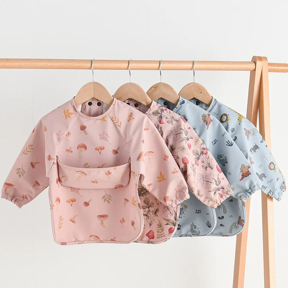 Easy Wear Long Sleeved Bib Baby Toddler Soft PU Bibs With Pocket Painting Waterproof Washable Easy Clean Smock For Children