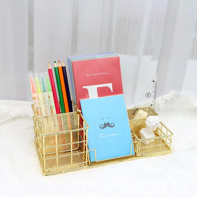 Gold Desktop Storage Manufacturer Custom Books Pens Organizer Basket