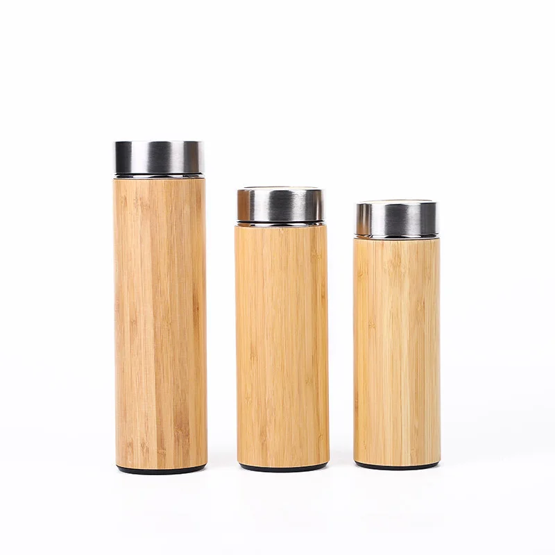 Eco-friendly Natural Bamboo Thermos Vacuum Thermos with Tea Filter Custom Logo reusable water bottle wooden vacuum flask