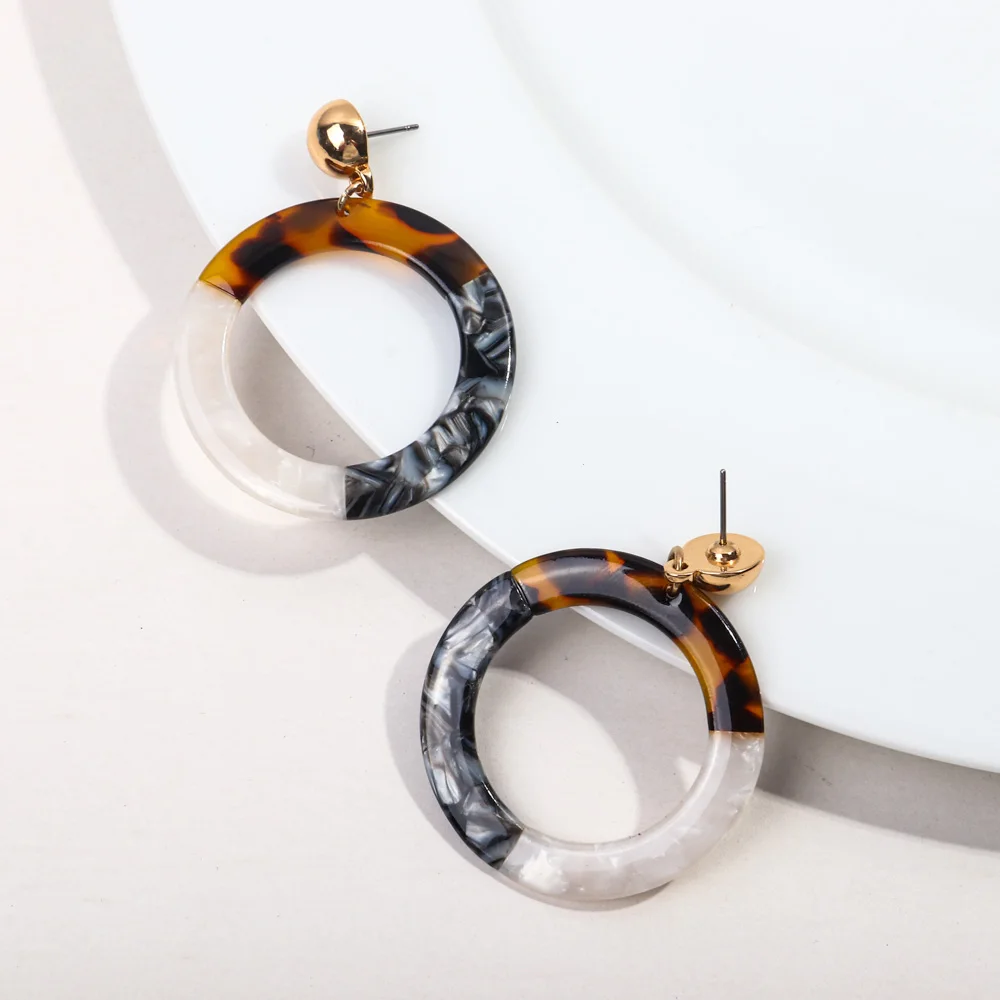Autumn/Winter 2023 New Temperament Leopard Marble Splicing Acetic Acid Round Exaggerated Hollow Drop Earrings Retro
