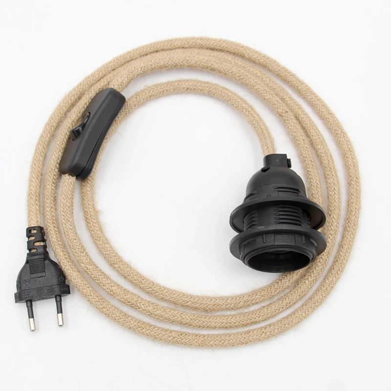 Vintage lamp holder with EU/US plug power cord retro hemp cord with on/off switch for pendant light DIY cord set lamp socket