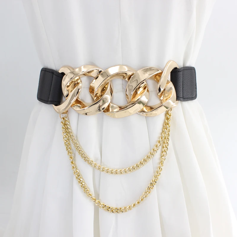 Hot sale Gold Stretch Belts For Women Luxury Skinny Dress Belt For Ladies Fashion Elastic Waistband with Chain Buckle