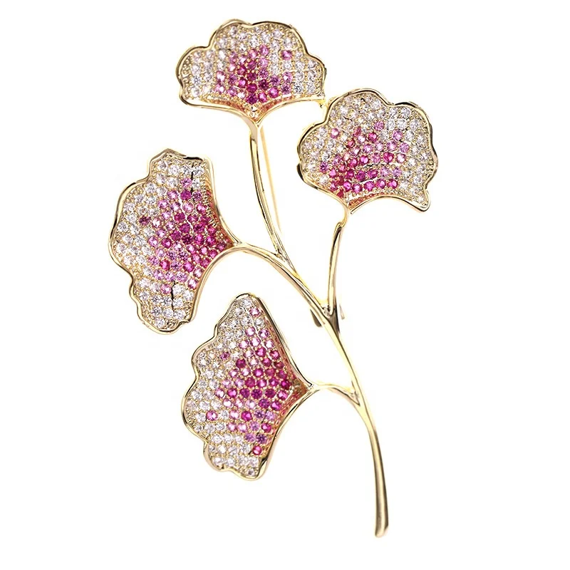 XILIANGFEIZI High Quality Ginkgo Biloba Corsage Suit Accessories Luxury Women Zircon Pin Plant Brooches