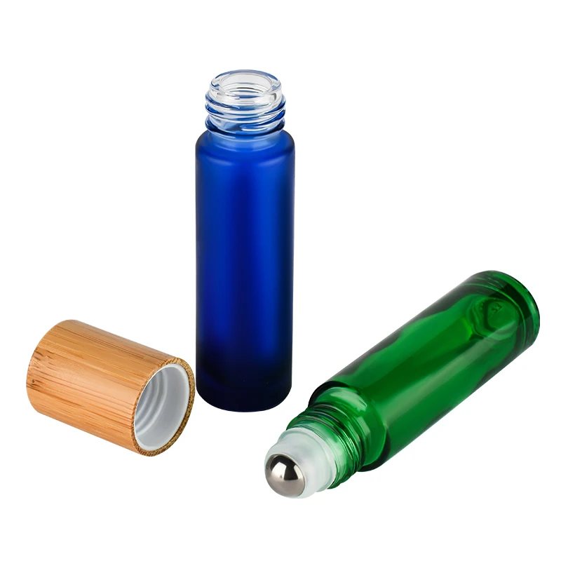 Refillable Glass Essential Oil Roll On Bottle Steel Roller Ball 10 ml Roll on Bottle with Bamboo Lid