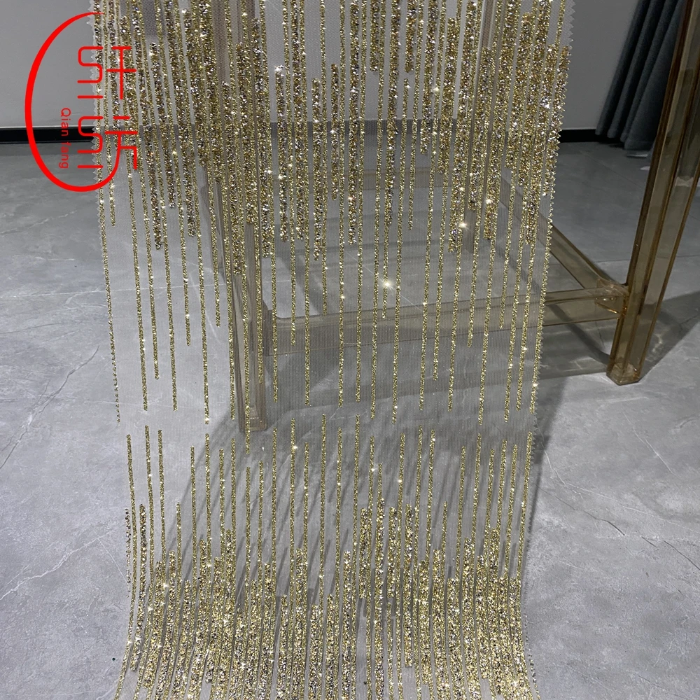 Poly foil glitter bridal fabric gold mesh diamond tulle  shiny stone fabric for wedding Party wear gold bridal dirac gold fabric