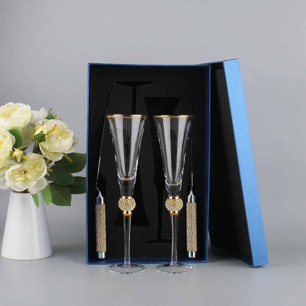 custom logo etched crystal diamond wedding champagne flutes and gold cake knife server sets with gift box