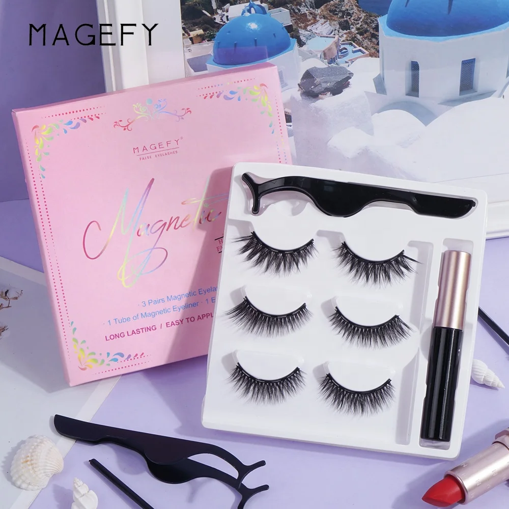 MAGEFY magnetic eyelashes wholesale newest 3 pairs pack 3d magnetic eyelashes and eyeliner set