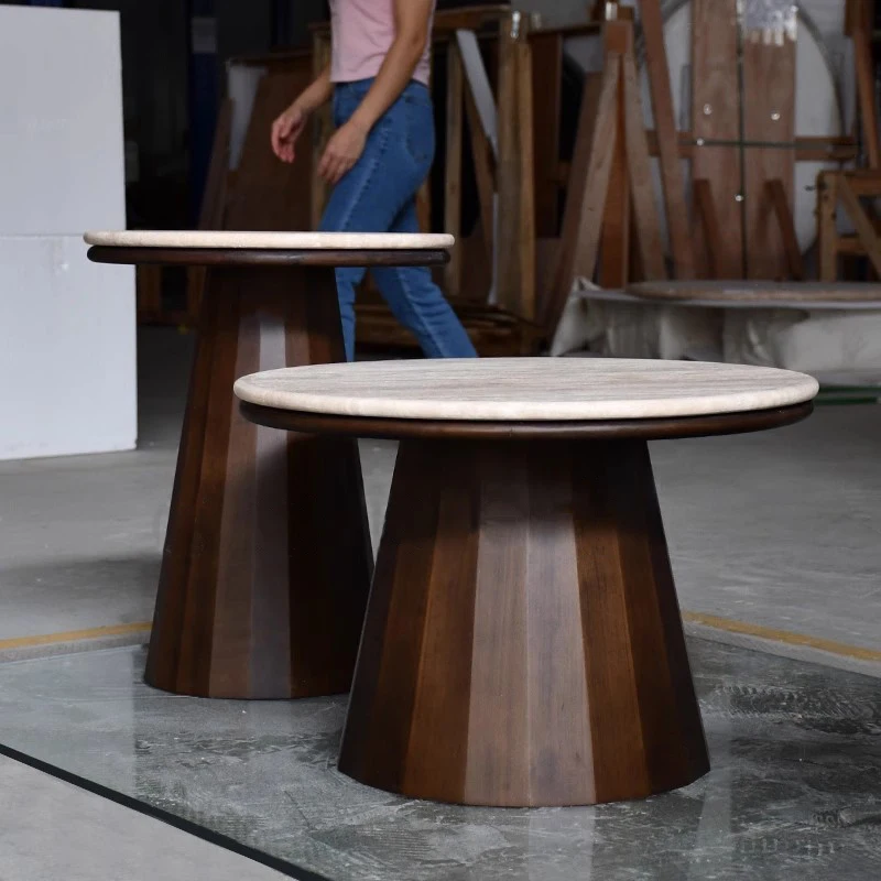 Guanmay Custom Natural Travertine Top Wood Base Coffee Table White Round Side Table Modern Coffee Center Table