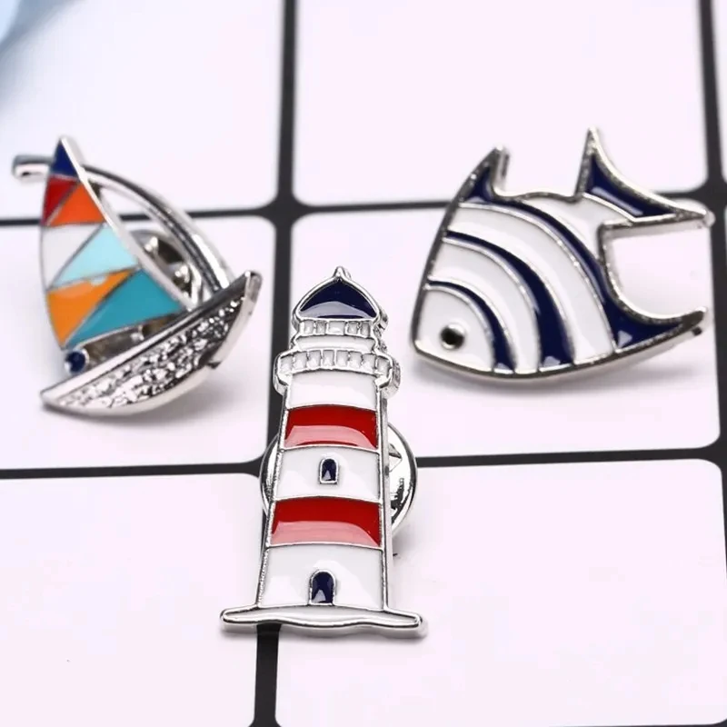 Pin Supplier Hard Enamel Fish & Sea Sailboat Pin Lighthouse Water Fish Metal Pin Black Edge Brooches For Gifts