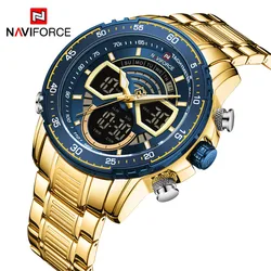 NAVIFORCE 9189 GBE Men Big Dial Sport Wrist Watch Gold Quartz Steel Waterproof Dual Display Male Clock Watches Relogio ODM OEM