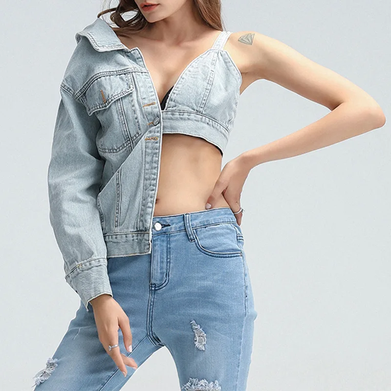 New Fashion Sexy Lapel Open Waist Denim Jacket custom cropped jean jacket