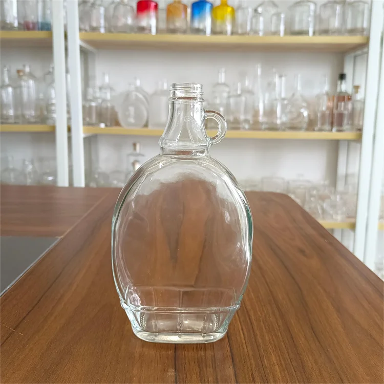 Wholesale 150ml 250ml 375ml 500ml Wine Glass Maple Syrup Bottles with Handle Beverage Maple Syrup Flat Glass Bottle
