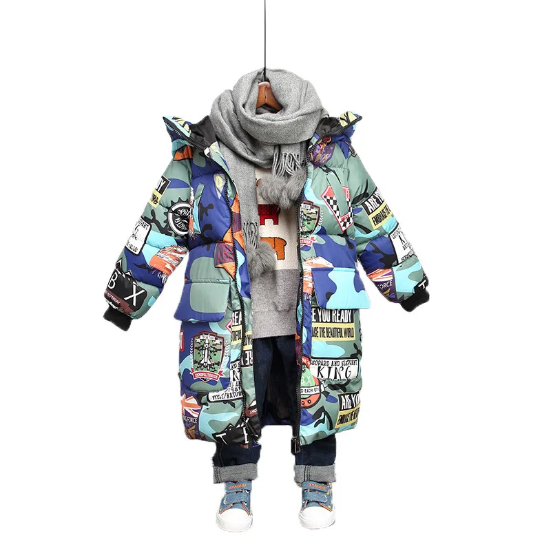 Jacket for Boys 2019 New Brand Hooded Winter Jackets Graffiti Camouflage Parkas For Teenagers Boys Thick Long Coat Kids Clothes