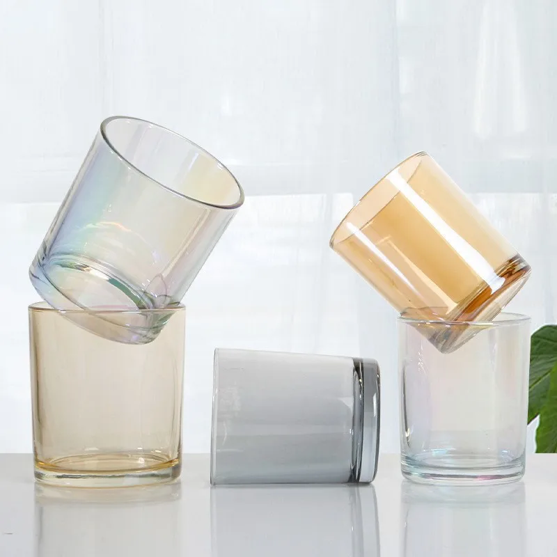 Customization Iridescent 270ml Empty Luxury Glass Candle Jars For Candle Candle Container With Wooden lid