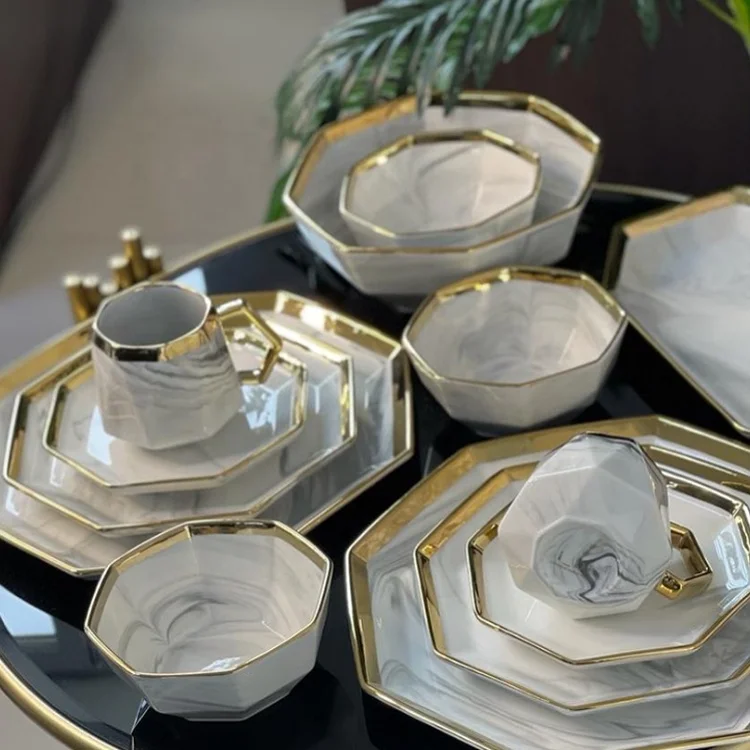 Unique shape Tableware marble gold rimmed fine bone china nordic dinnerware set custom made rustic ceramic dinnerware sets