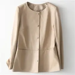 Spring women formal beige jacket coat leather genuine jacket for women beige
