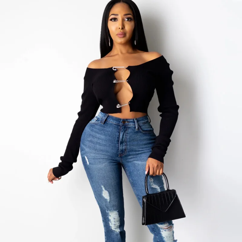 Hot Sales Sexy White Hollow Out T-shirt Women Rib Knitted Long Sleeve Cardigan Tees Solid Crystal Pin Slim Short Tops Streetwear