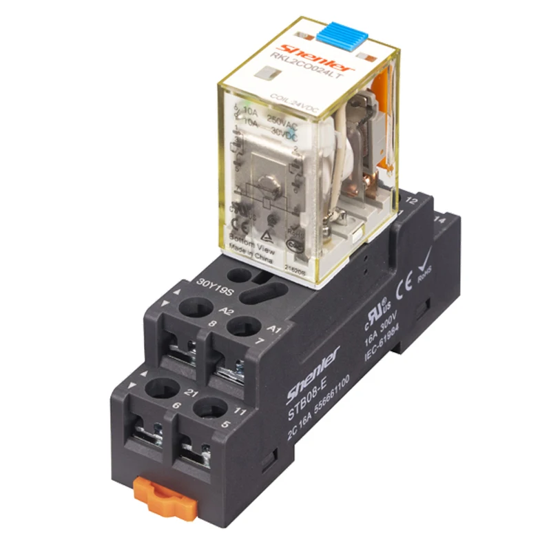Shenler RKL2CO024LT+STB08-E miniature relay 2 pole 10A 24VDC relay + socket relay module 24v 50hz 8pins dc auxiliary