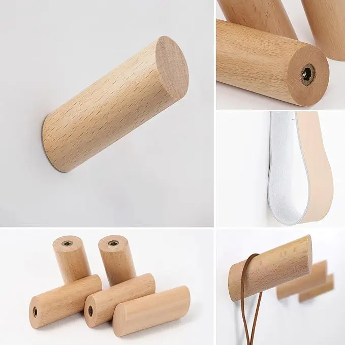 Wooden Hooks Wall Mount, No Damage Adhesive Hat Hooks, Decorative Coat Hangers for Hanging Clothes Towels Guitar Backpack Purse