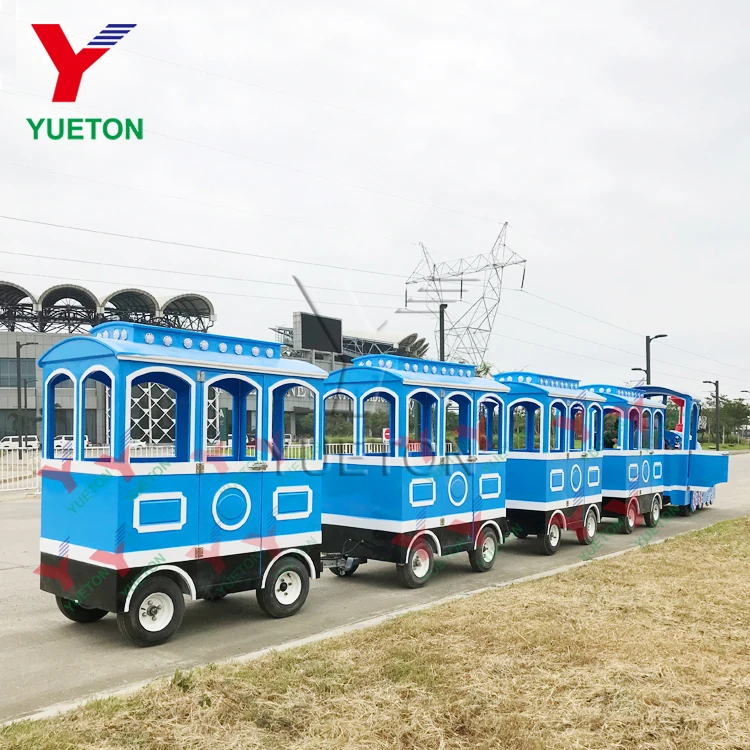 Zhengzhou Yueton Kiddie Amusement Park Rides Fairground Blue White 24 Person Battery Powered Electric Trackless Train For Kids