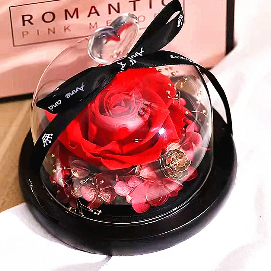 High Quality Creative Customized Eternal Flower Led Rose Decoration Flower Mixed Color Preserved Roses in Glass Dome