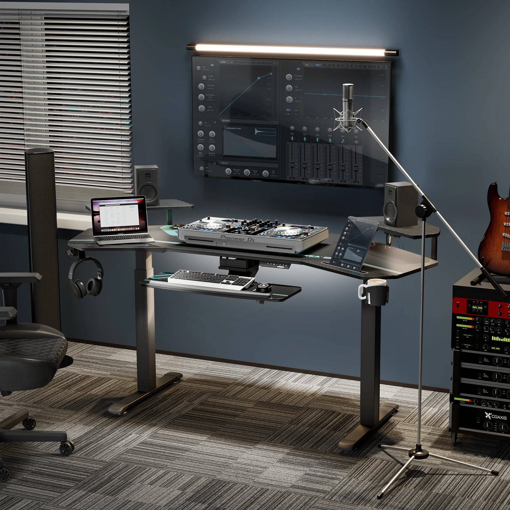 72' Electric Standing Desk Keyboard Tray, Large Wing Shaped Studio Music Gaming Streaming Desk,  with LED Convertible Shelves