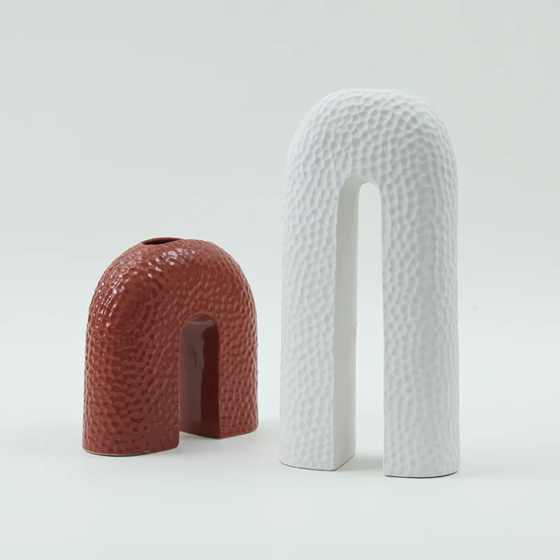 Nordic style Simple arch bridge-shaped flower arrangement crafts inverted U-shaped hammer pattern ceramic vase ornaments