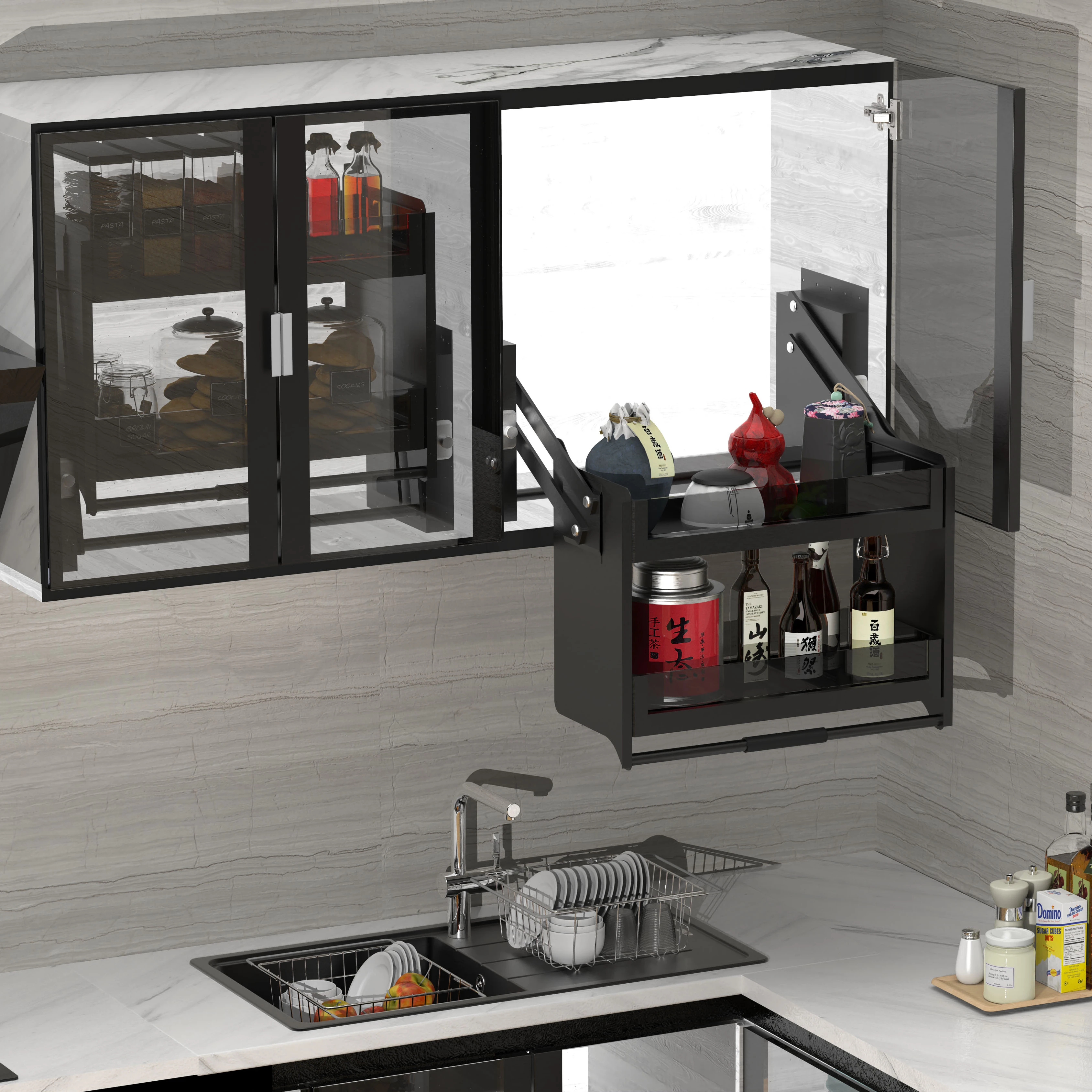 Multi-Function Pull Down Basket Wire Storage Drawers Kitchen Basket Pull Out Shelf Dish Rack