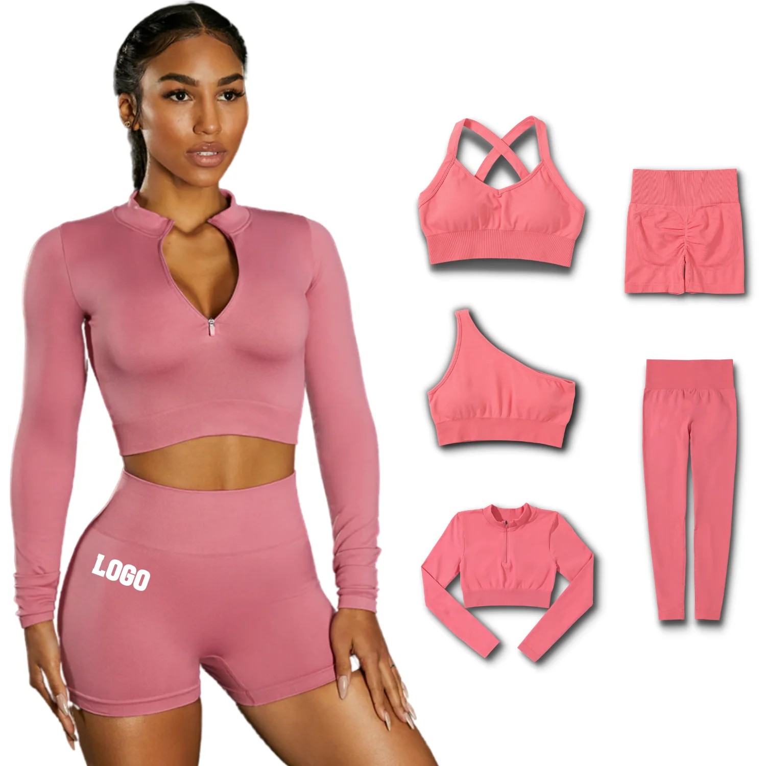 Custom Logo Sportswear Women 5 Piece Activewear Yoga Shorts Set Gym Fitness Sets Seamless Workout Sets For Women