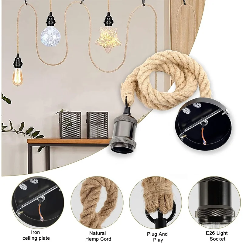 Hemp Rope Pendant Light Fixture E26 E27 Single Two Heads Retro Hanging Lamp Lantern Cable Modern Chandelier