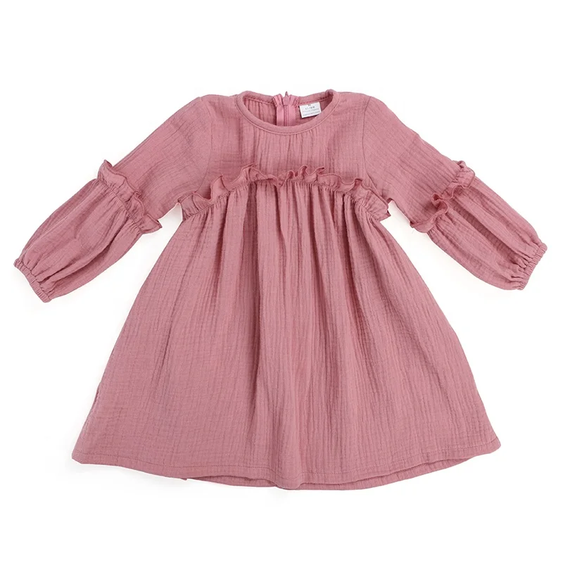 2024 Wholesale long sleeve solid linen children frocks designs girls kids dresses