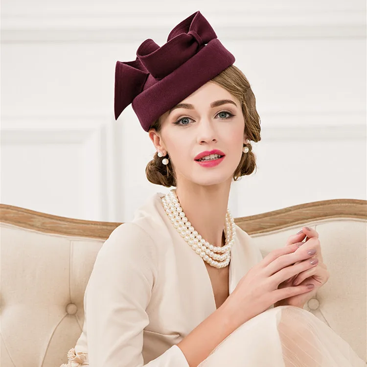 H78 Ladies Wool Hat  All-match High Fashion Shopping Party Banquet Aristocratic Vintage Wool Cap  Bowknot Formal Hat