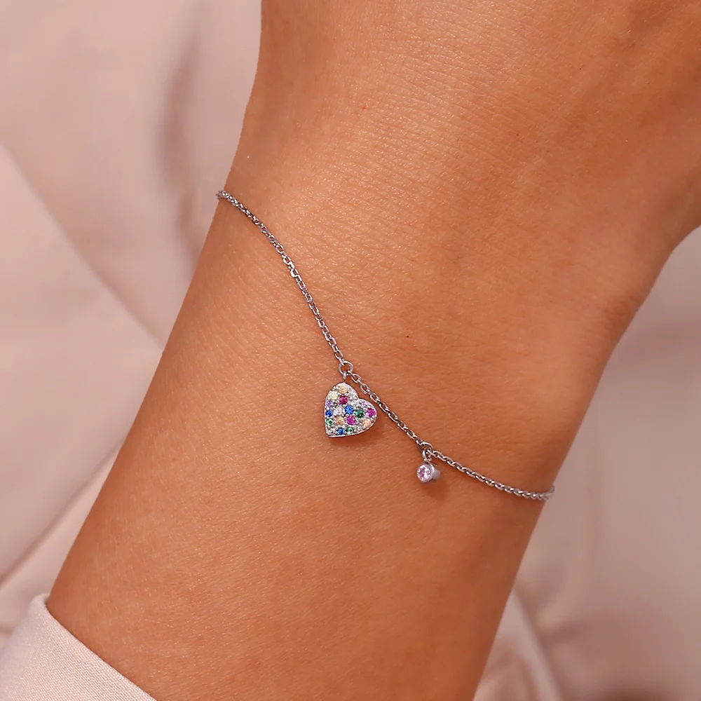 Rhodium Plated Crystal Rhinestone Heart Charm Love Bracelet 925 Sterling Silver for Women