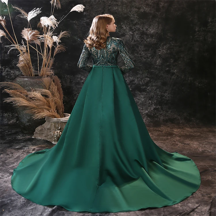 Green Embrodery Lace A-line Skirt Designer Long Sleeves Women  Evening Dresses