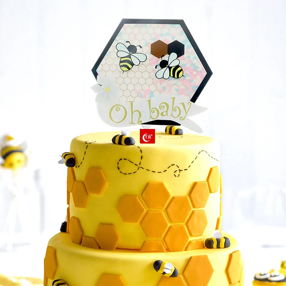TX Bumble Bee Gender Reveal Baby Shower Oh Baby Two Bees Moving Quicksand Acrylic Cake Topper For Party Decorations Supplier