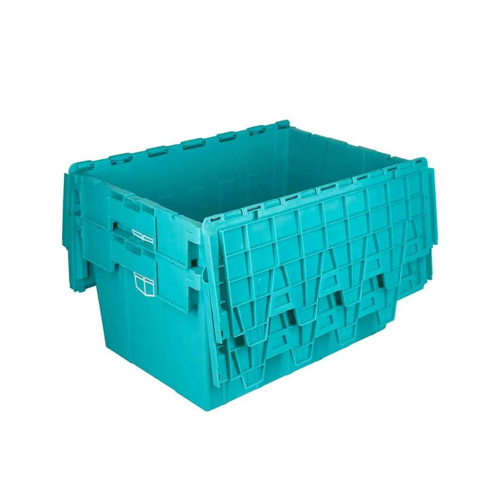 Plastic Attached Lid Container With Hinged Lid Plastic Moving Tote Boxes For Moving Company Nestable Moving Crate