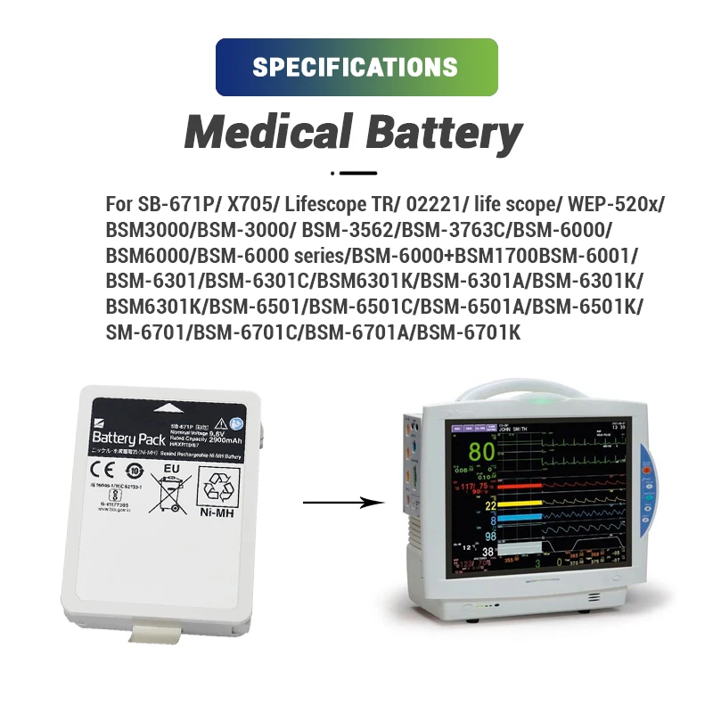 Ni-MH SB-671P 9.6V 2900mAh X705 Rechargeable Vital Signs Monitor Medical Batteries For Life Scope BSM-6000 BSM-6701A