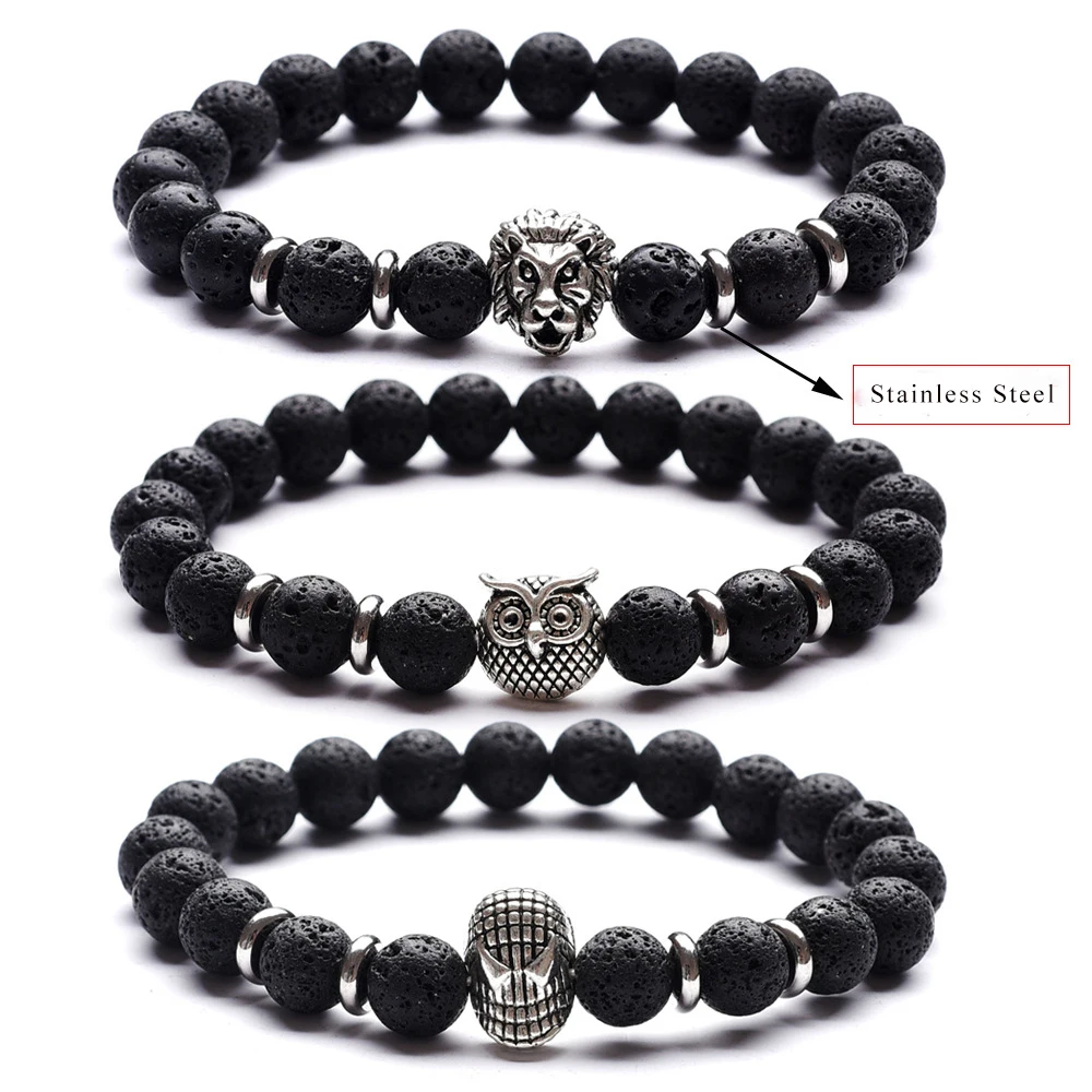 8MM Lava Rock Stone Bead Bracelet Leopard Loin Owl Head Mask Bead Bracelet Essential Oil Diffuser Bracelet for Men Women