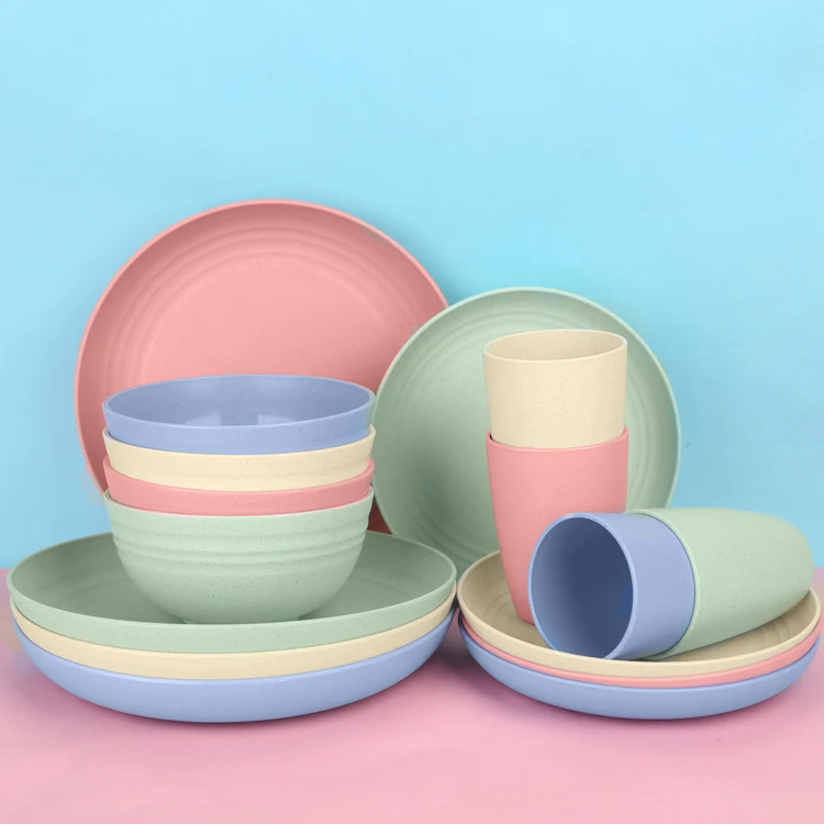 Wholesale Reusable Color Bowls Cups 16 28 Pcs Dining Plates Plastic Dinnerware Set For Party Family