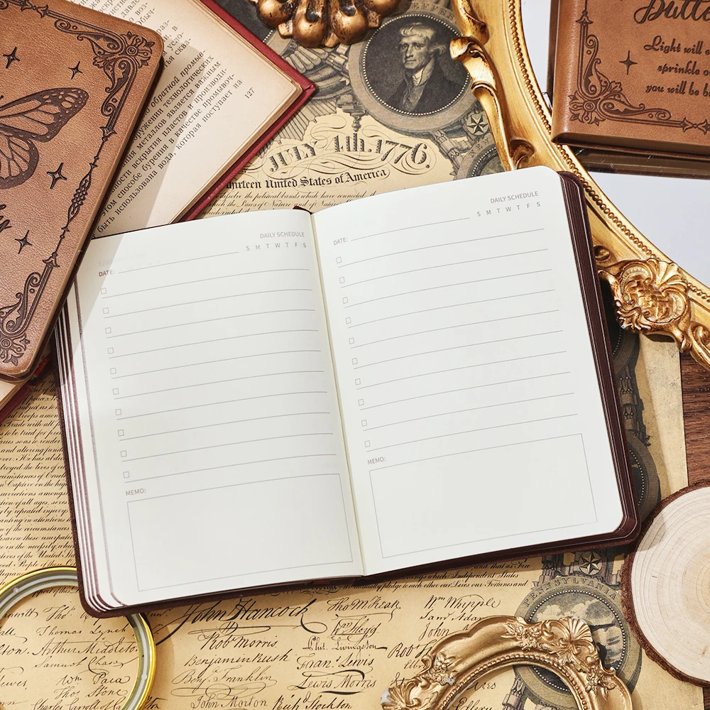 IMODA Stationery A6 Red Brown Vintage Undated Daily Planner Portable PU Leather Notebook for Students School Office Supplies